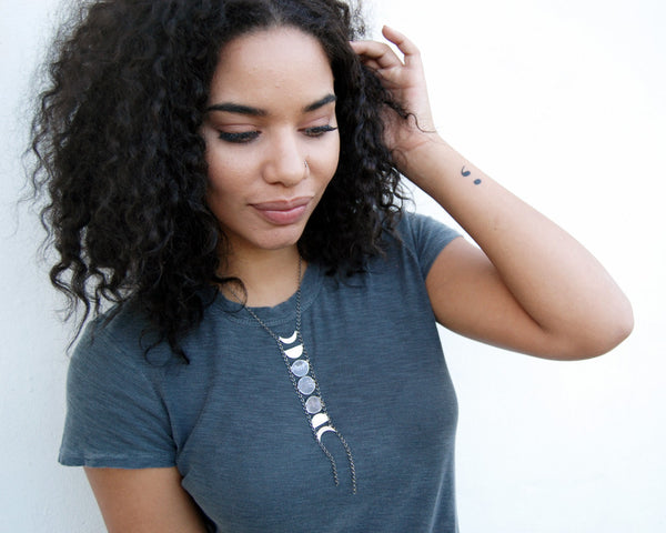 Blood Moon Lunar Eclipse Necklace- Moon Phases on Long Chain