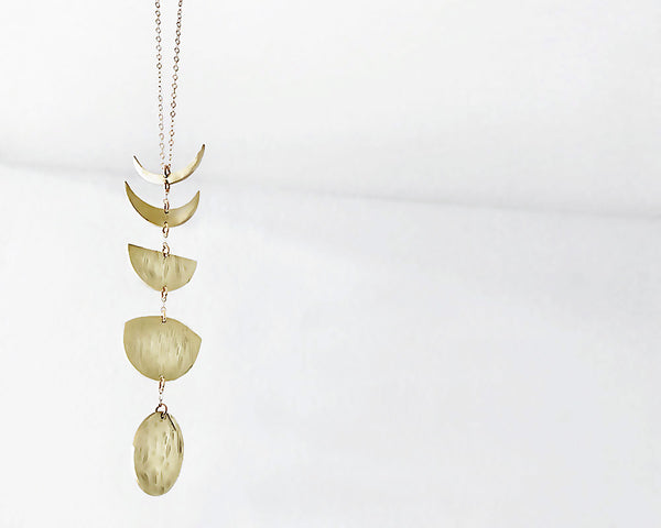 Phases of the Moon Vertical Necklace- Moon Phase Handcrafted in Brass with Gold Chain