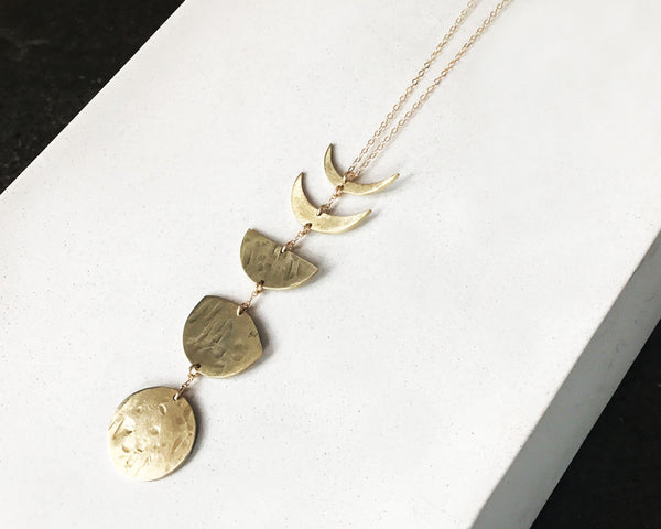 Phases of the Moon Vertical Necklace- Moon Phase Handcrafted in Brass with Gold Chain