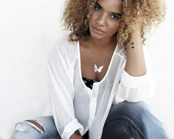 Modern Butterfly Necklace in Brushed Sterling Silver with Custom Words