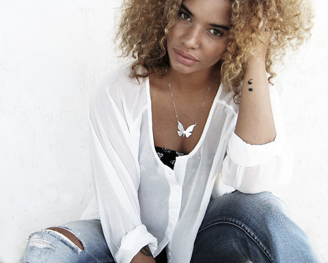 Modern Butterfly Necklace in Brushed Sterling Silver with Custom Words