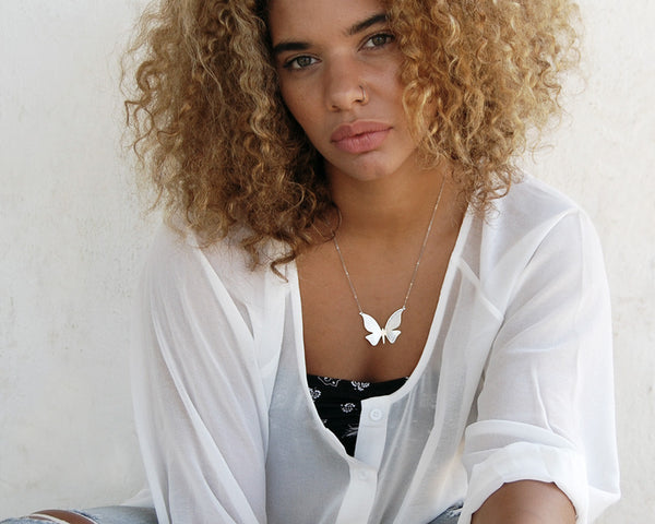 Modern Butterfly Necklace in Brushed Sterling Silver with Custom Words