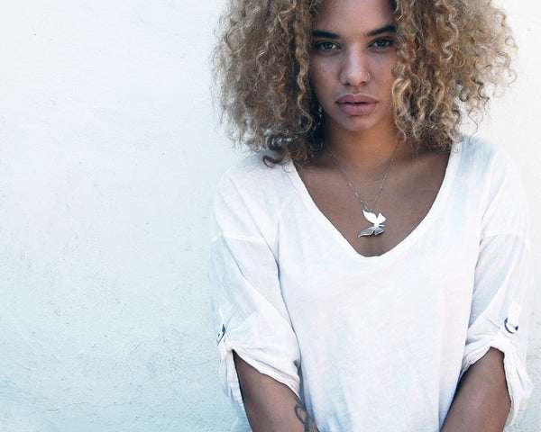Modern Butterfly Necklace in Brushed Sterling Silver with Custom Words