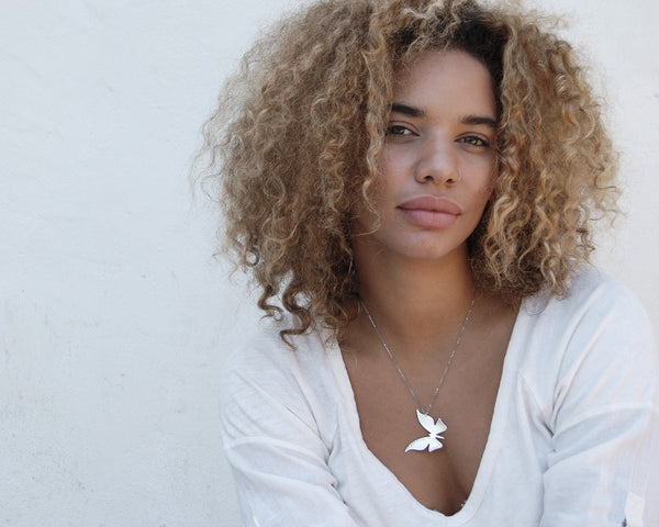 Modern Butterfly Necklace in Brushed Sterling Silver with Custom Words
