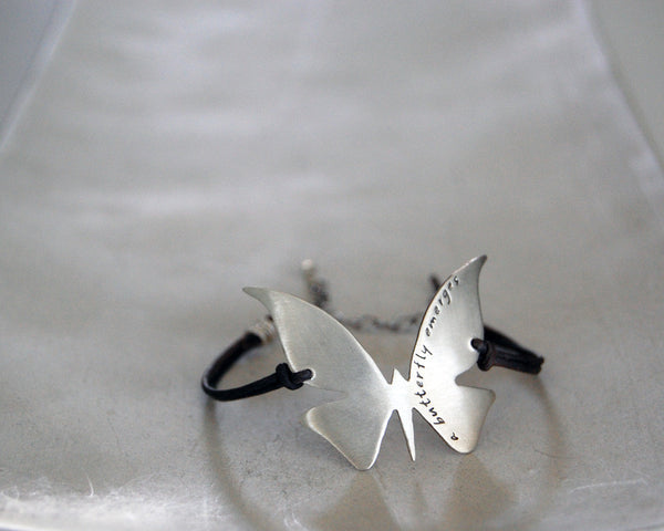 Modern Butterfly Bracelet in Brushed Sterling Silver with Custom Words