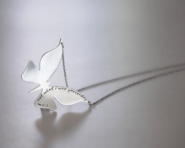 Modern Butterfly Necklace in Brushed Sterling Silver with Custom Words