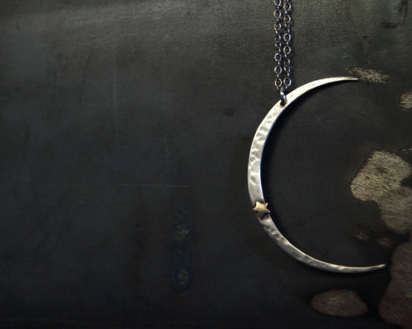 Large Hammered Crescent Moon with Brass Star Rivet