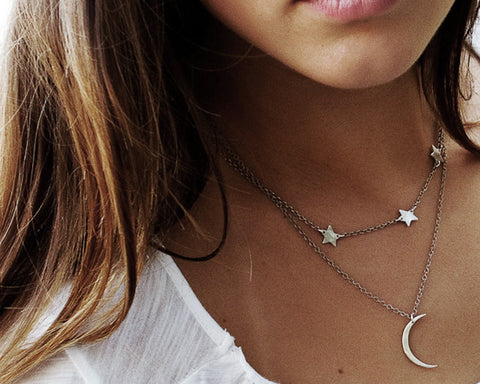 Mini Crescent Moon and Stars Layered Necklace