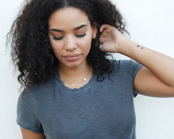 Tiny Rustic Crescent Moon and Star Necklace