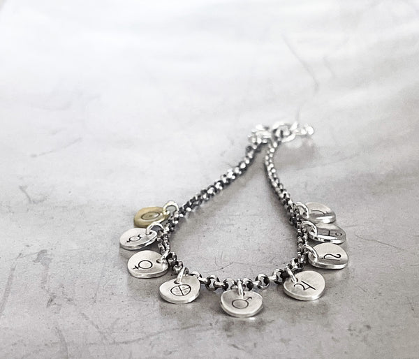 Planetary Symbols Solar System Bracelet- Handmade with Unique Planet Symbols in Sterling Silver.