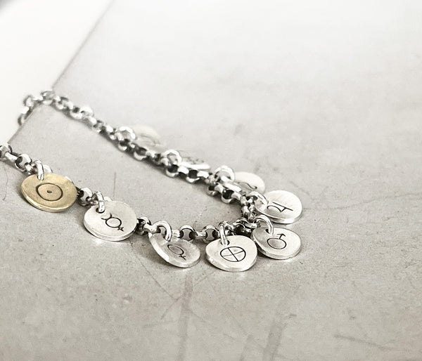 Planetary Symbols Solar System Bracelet- Handmade with Unique Planet Symbols in Sterling Silver.