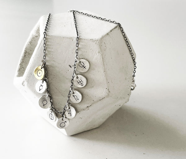 Planetary Symbols Solar System Necklace- Handmade with Unique Planet Symbols in Sterling Silver.
