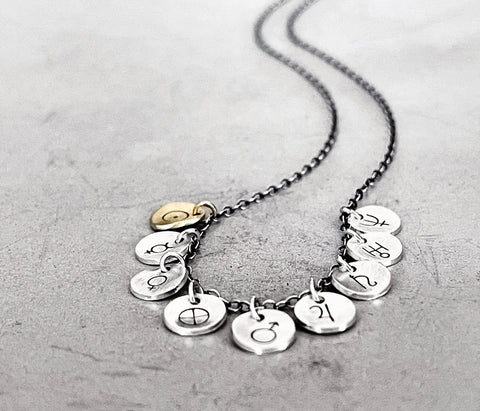 Planetary Symbols Solar System Necklace- Handmade with Unique Planet Symbols in Sterling Silver.