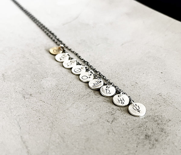 Planetary Symbols Solar System Necklace- Handmade with Unique Planet Symbols in Sterling Silver.
