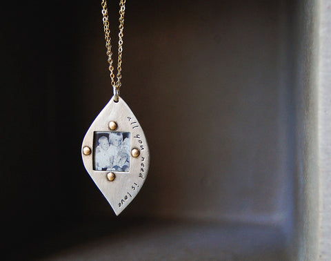 Rustic Leaf Photo Necklace with Rivets- Personalized