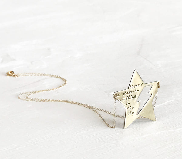 Star Lightning Bolt Necklace in Yellow Brass- Custom Words or Lryics