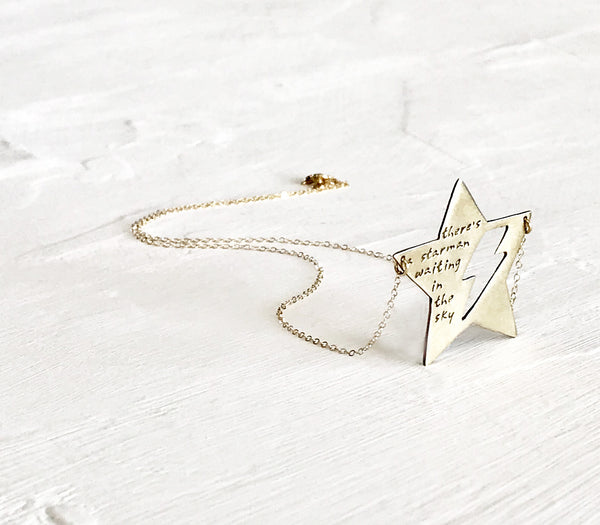 Star Lightning Bolt Necklace in Yellow Brass- Custom Words or Lryics