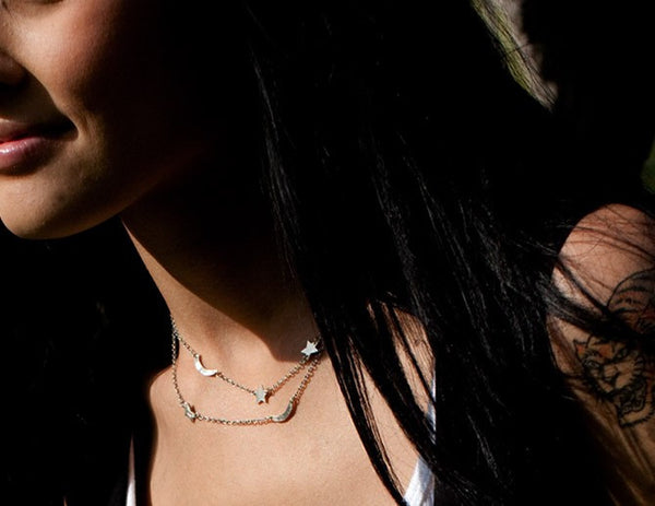 Tiny Rustic Crescent Moon and Star Necklace