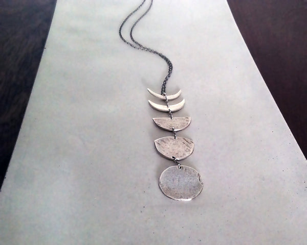 Phases of the Moon Vertical Necklace- Handcrafted Silver