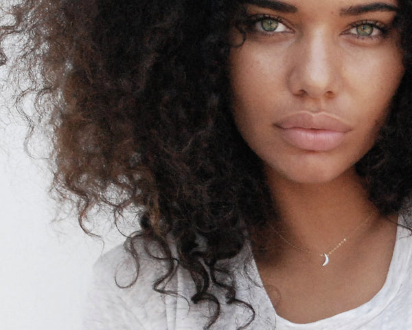 Tiny Moon Necklace in Sterling Silver on Gold Chain